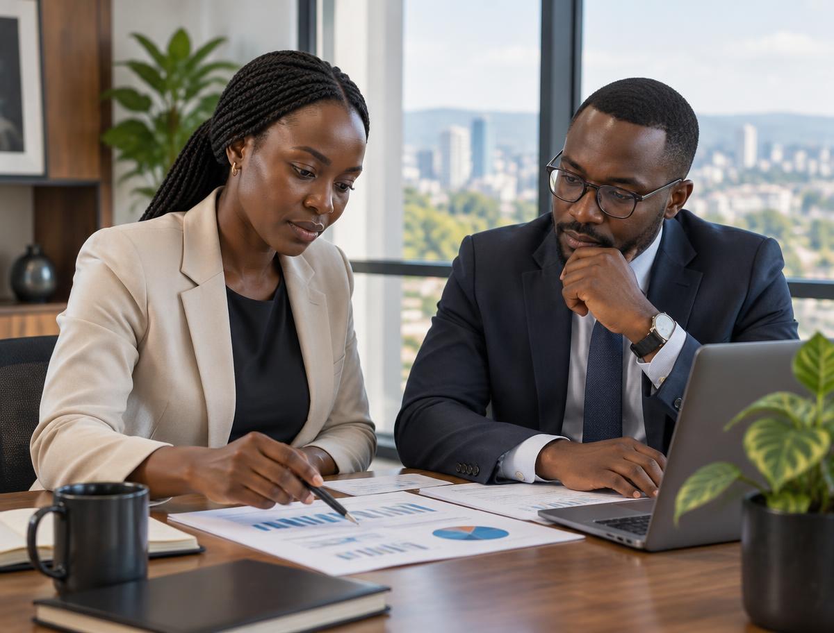 Consulting professionals reviewing financial information together